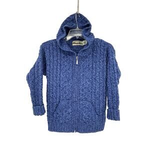 Aran Crafts Hooded Full Zip Cardigan Sweater Merino Wool Blue Kids Size 8-11 Yrs